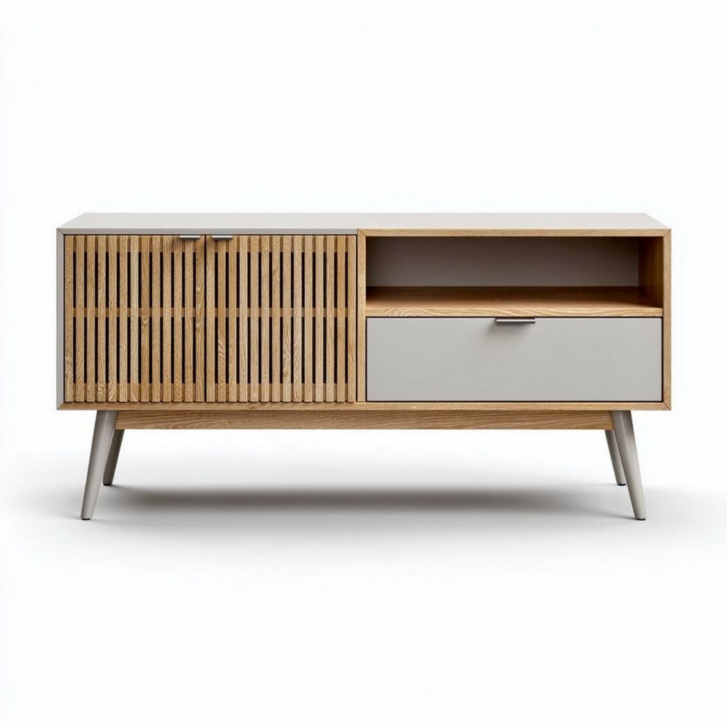Wooden media console with slatted doors and a drawer 120 x 40 x 70cm