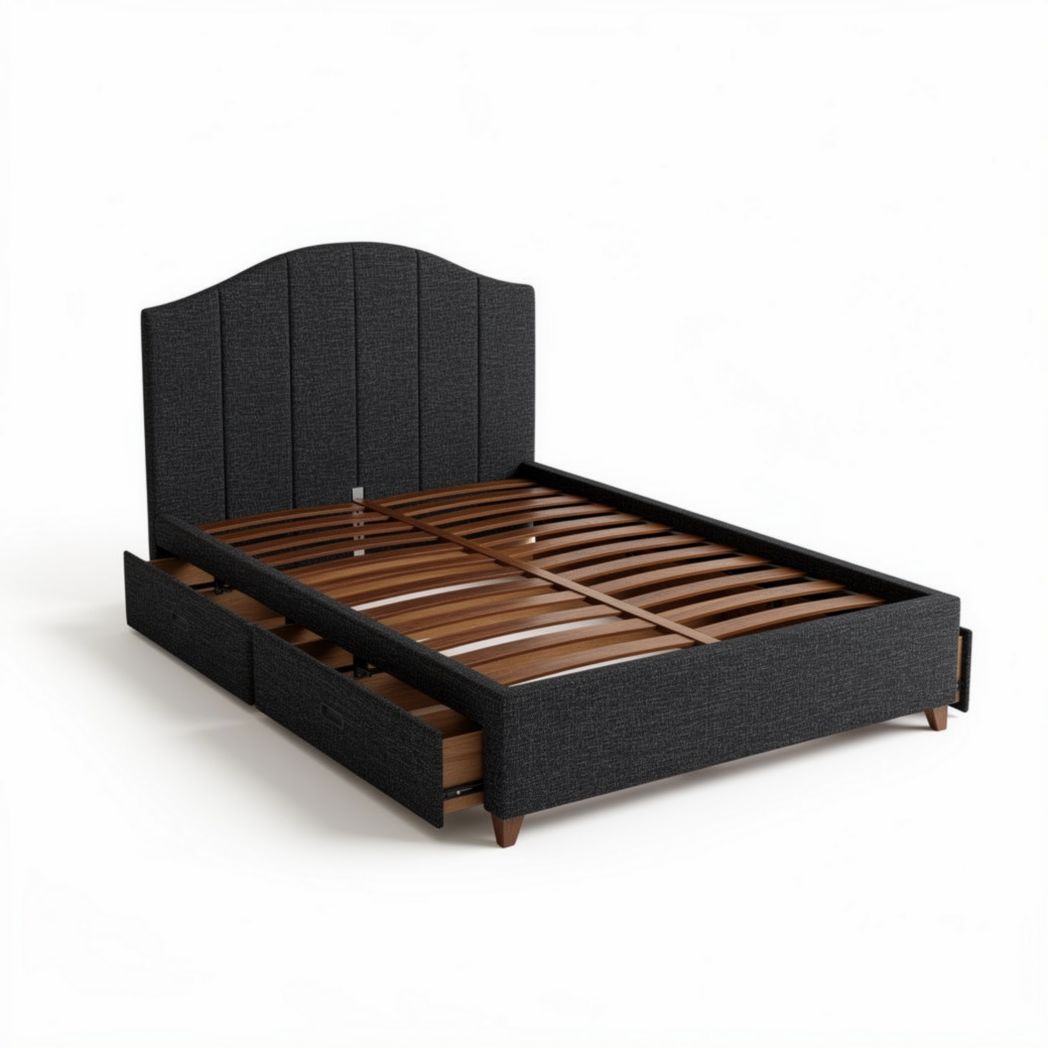 Upholstered platform bed frame with wooden slats and storage drawers in charcoal grey 200 x 160 x 110cm