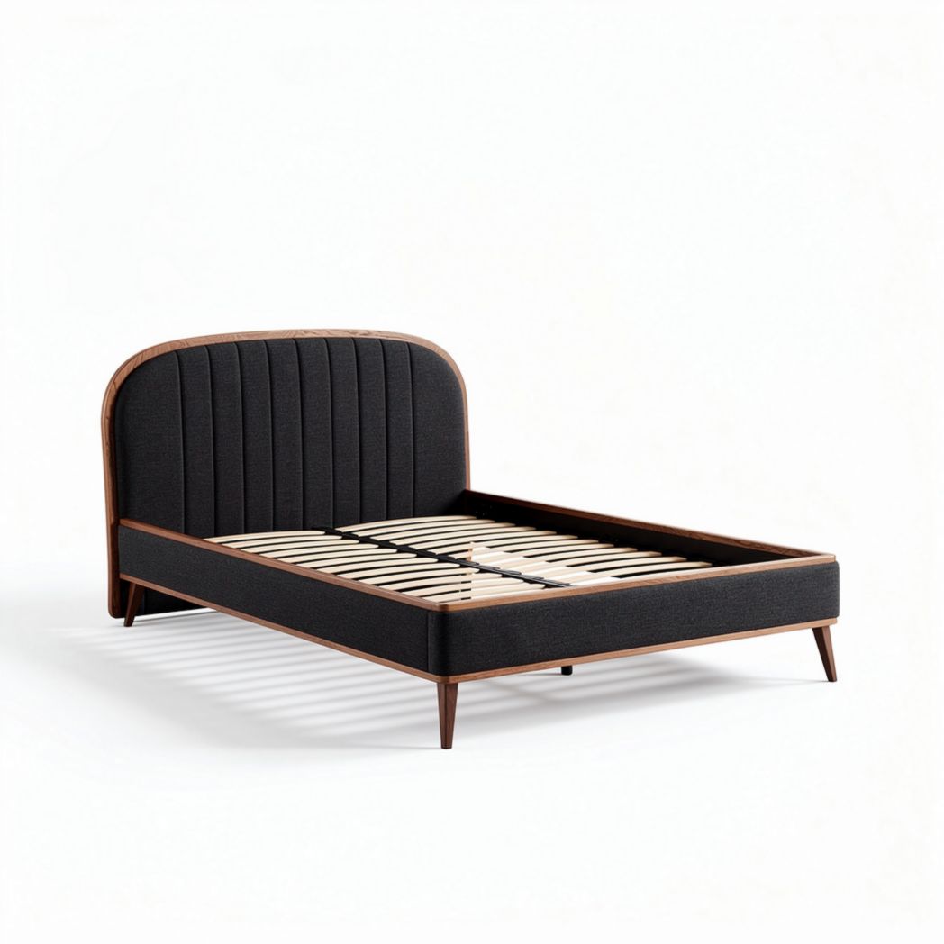 Upholstered bed frame with wooden slats and modern design in black 200 x 150 x 30cm