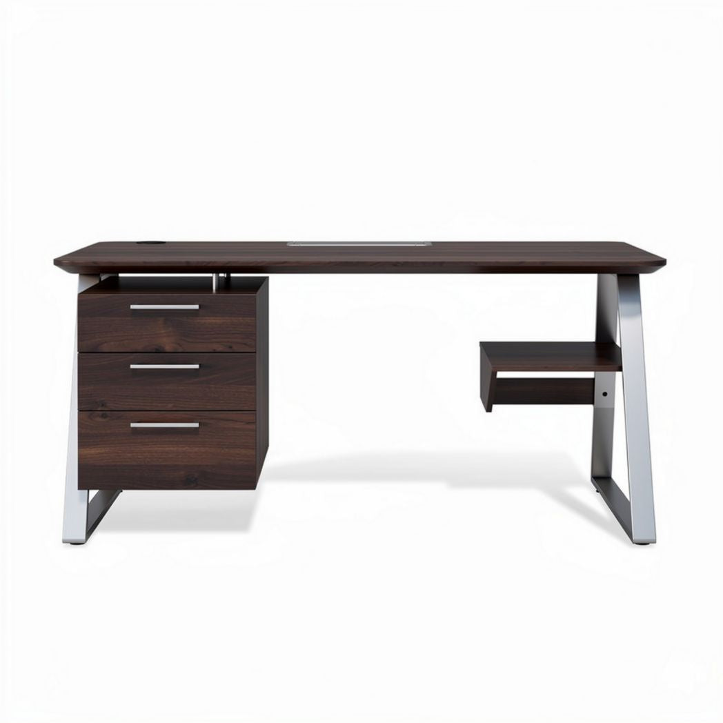 Modern office desk with three drawers and a metal frame in dark wood finish 150 x 75 x 75cm