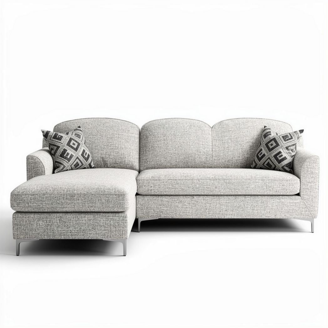 L-shaped sectional sofa with removable cushions in light gray fabric 200 x 90 x 85cm