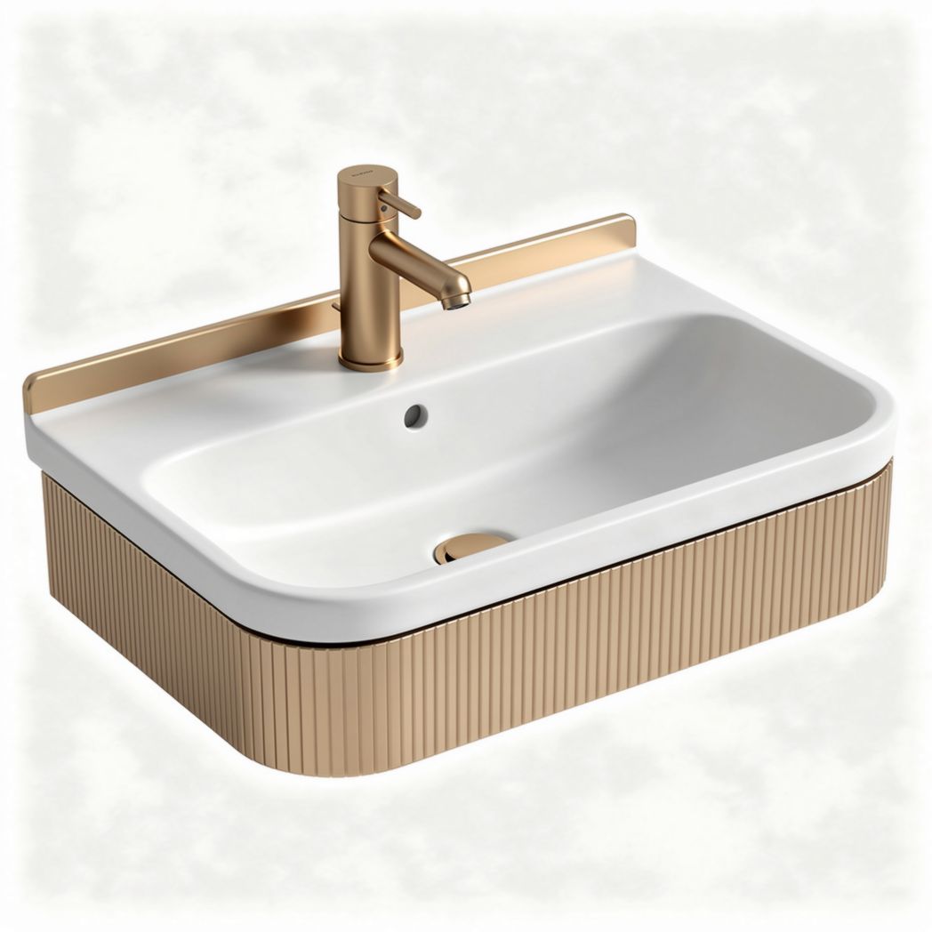 Ceramic sink with gold faucet and textured beige base 60 x 40 x 15cm