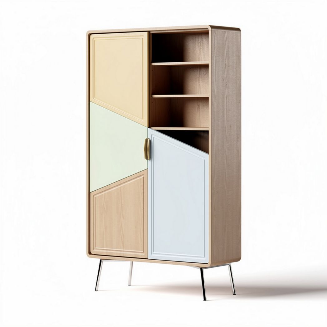 Multicolored wooden cabinet with shelves and sliding doors 80 x 40 x 120cm