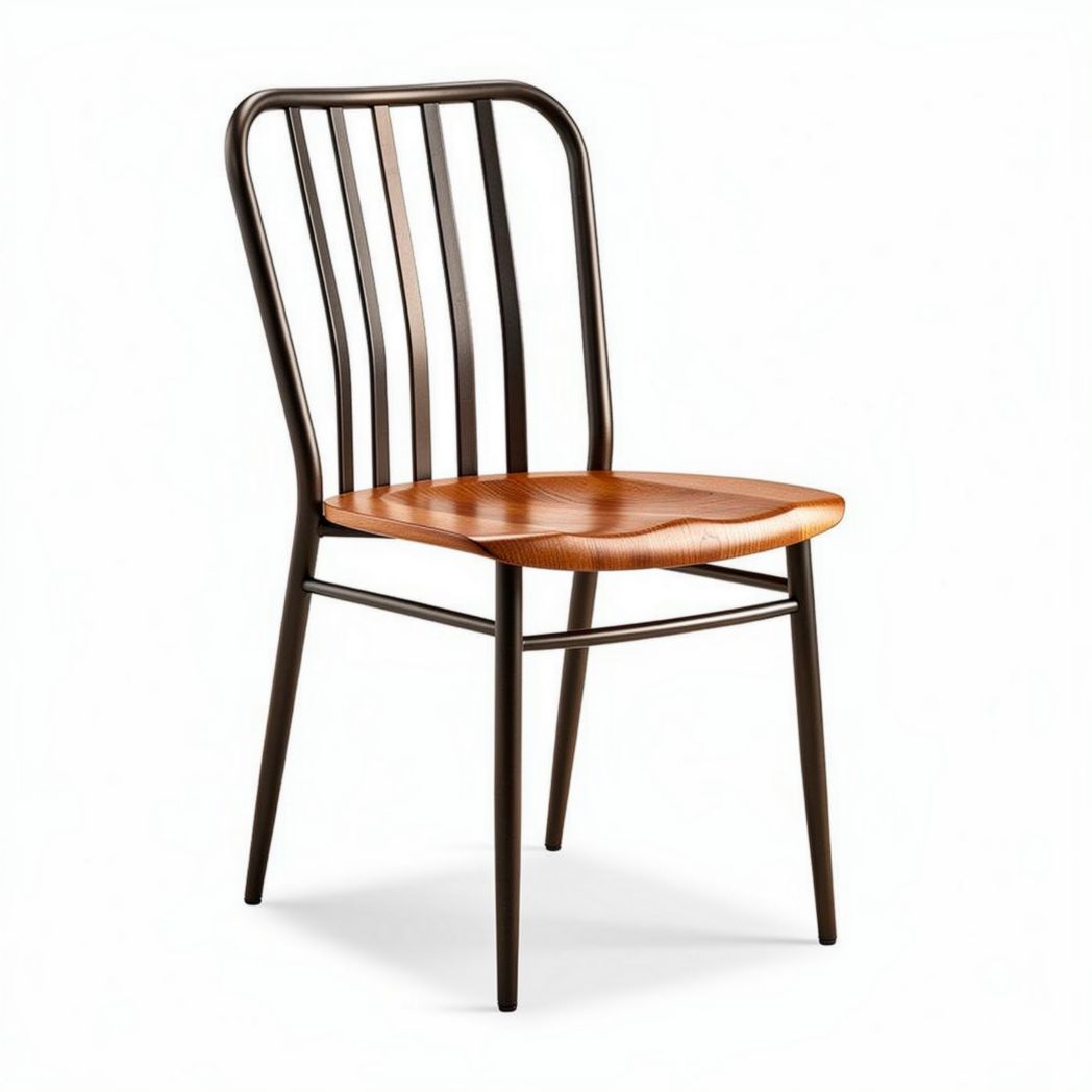 Wooden seat dining chair with metal legs and backrest in brown finish