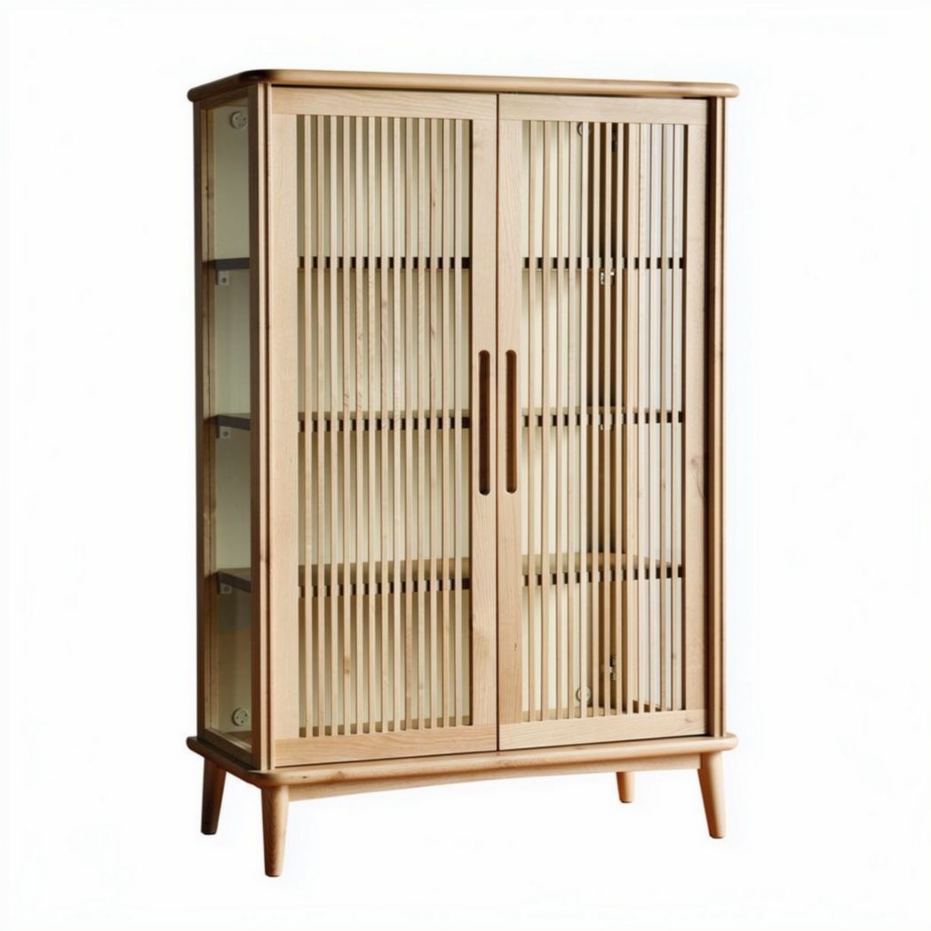 Wooden display cabinet with glass doors and slatted design 80 x 40 x 120cm