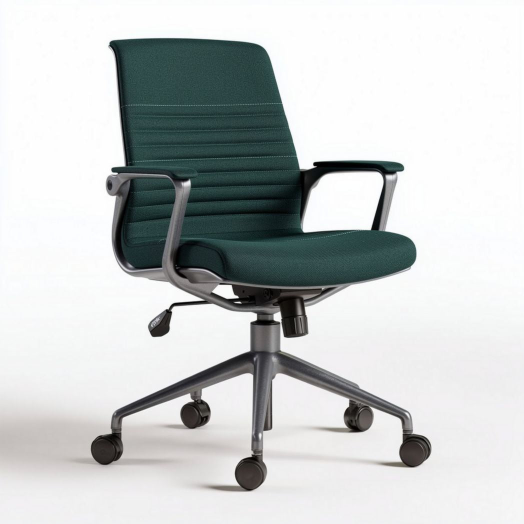 Ergonomic office chair with adjustable height and four wheels in green fabric