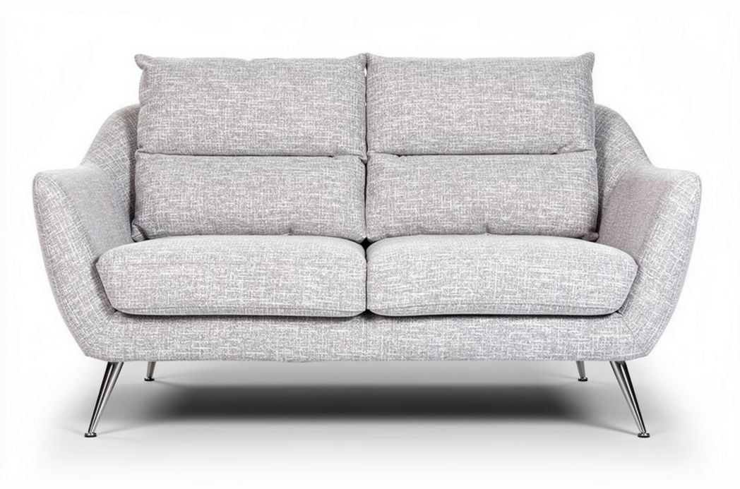 Two-seater sofa in light gray fabric with modern design and chrome legs